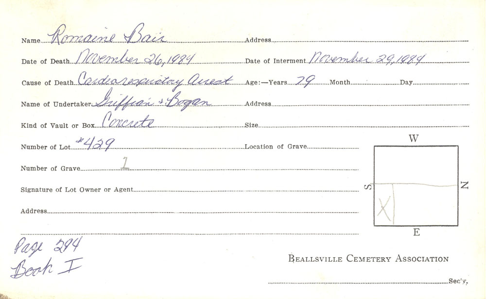 Romaine Bair burial card